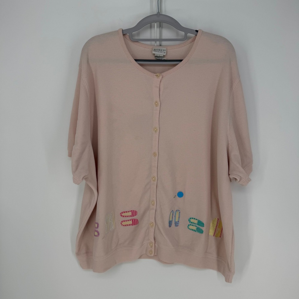 VTG Koret Francisca Cardigan Women 3X Pink Embroidered Shoes Waffle Knit Grandma